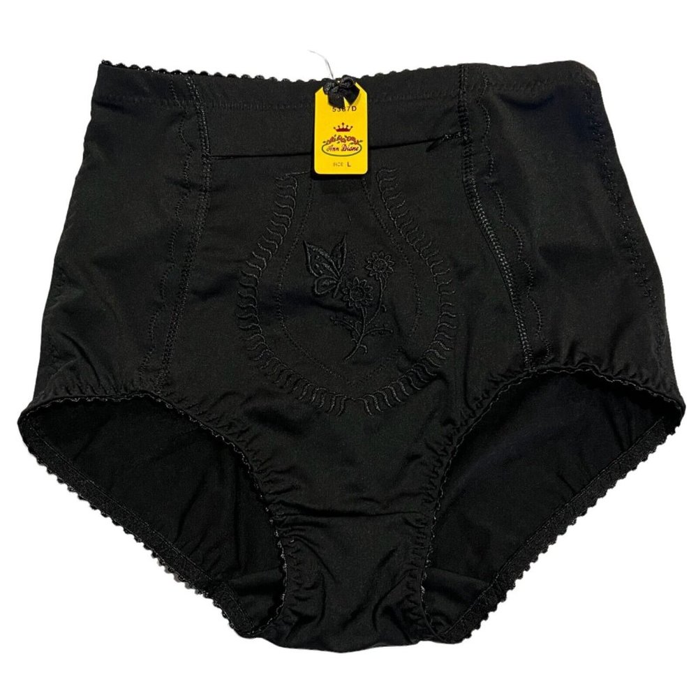 NWT ANN DIANE High Waist Nylon Zipper Girdle Panties/Underwear LARGE Black
